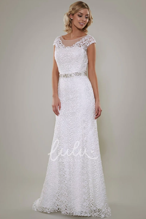 Jeweled Lace Sheath Wedding Dress with Cap Sleeves