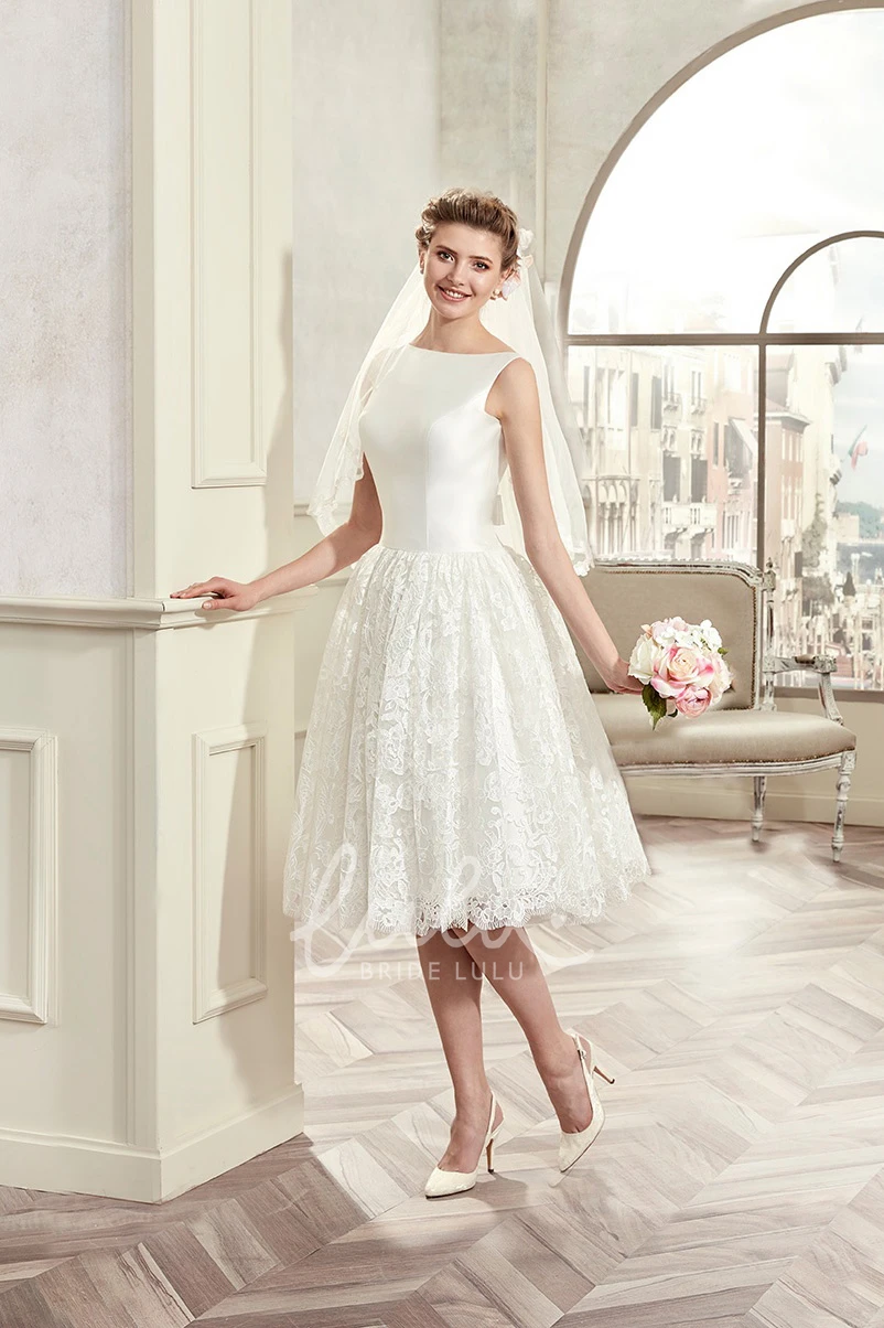 Knee-Length Jewel-Neck Wedding Dress with Satin Bodice and Illusive Lace Back Simple Bridal Gown