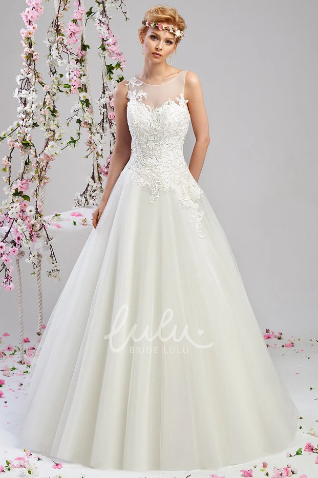 Maxi Scoop-Neck Tulle&Satin Spring Wedding Dress A-Line Sleeveless with Appliques