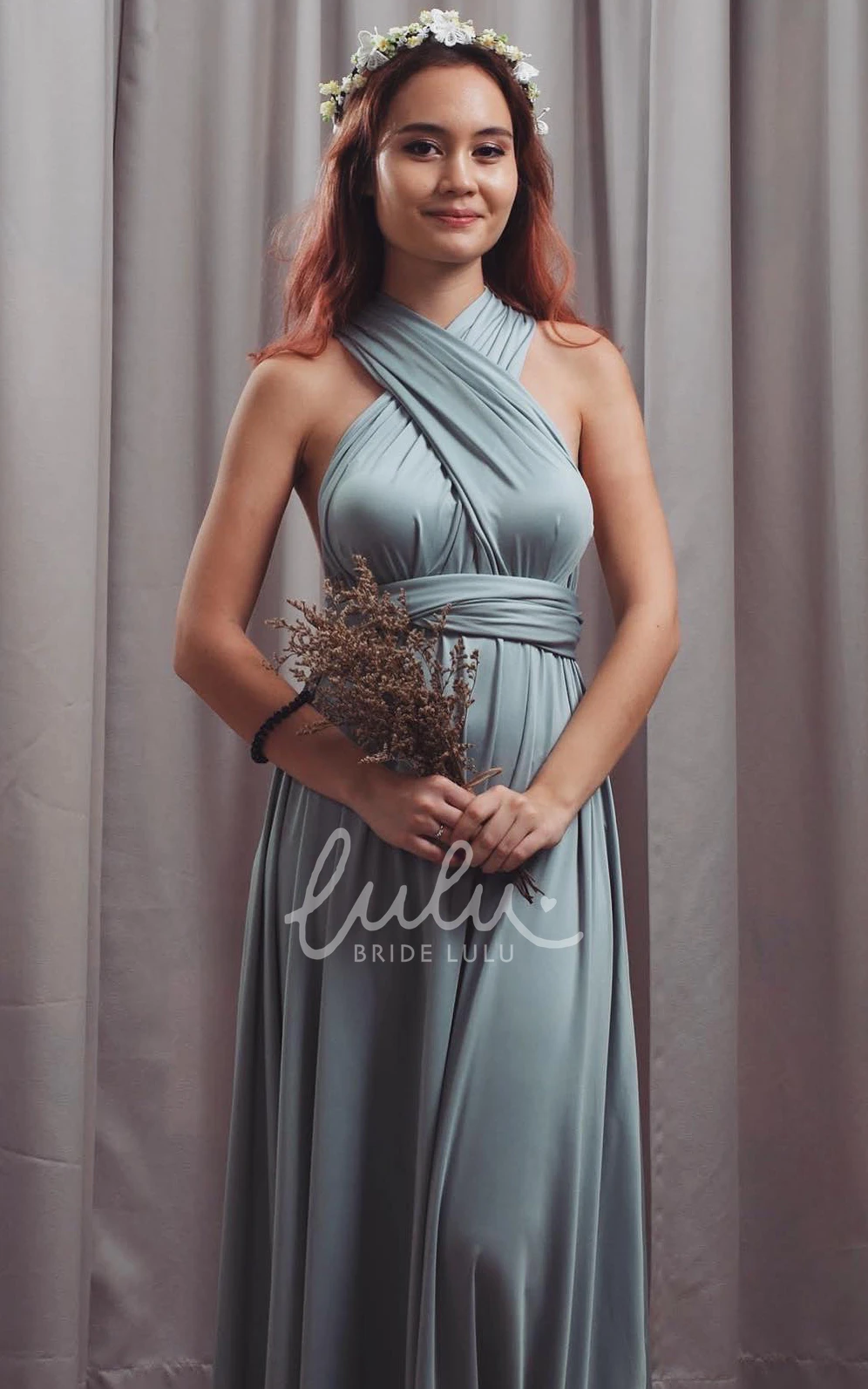 Convertible Halter Neckline A Line Bridesmaid Dress with Open Back and Sash Romantic Jersey