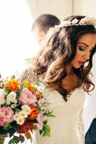 Long Sleeve V-Neck Lace A-Line Wedding Dress with Low-V Back