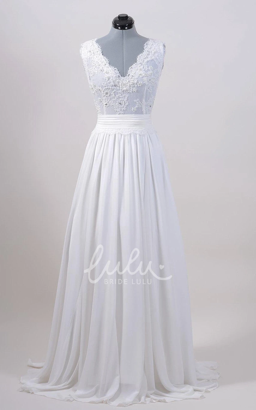 Alencon Lace V-Back Warm Wedding Dress with Chiffon Skirt Sleeveless Elegant 2025
