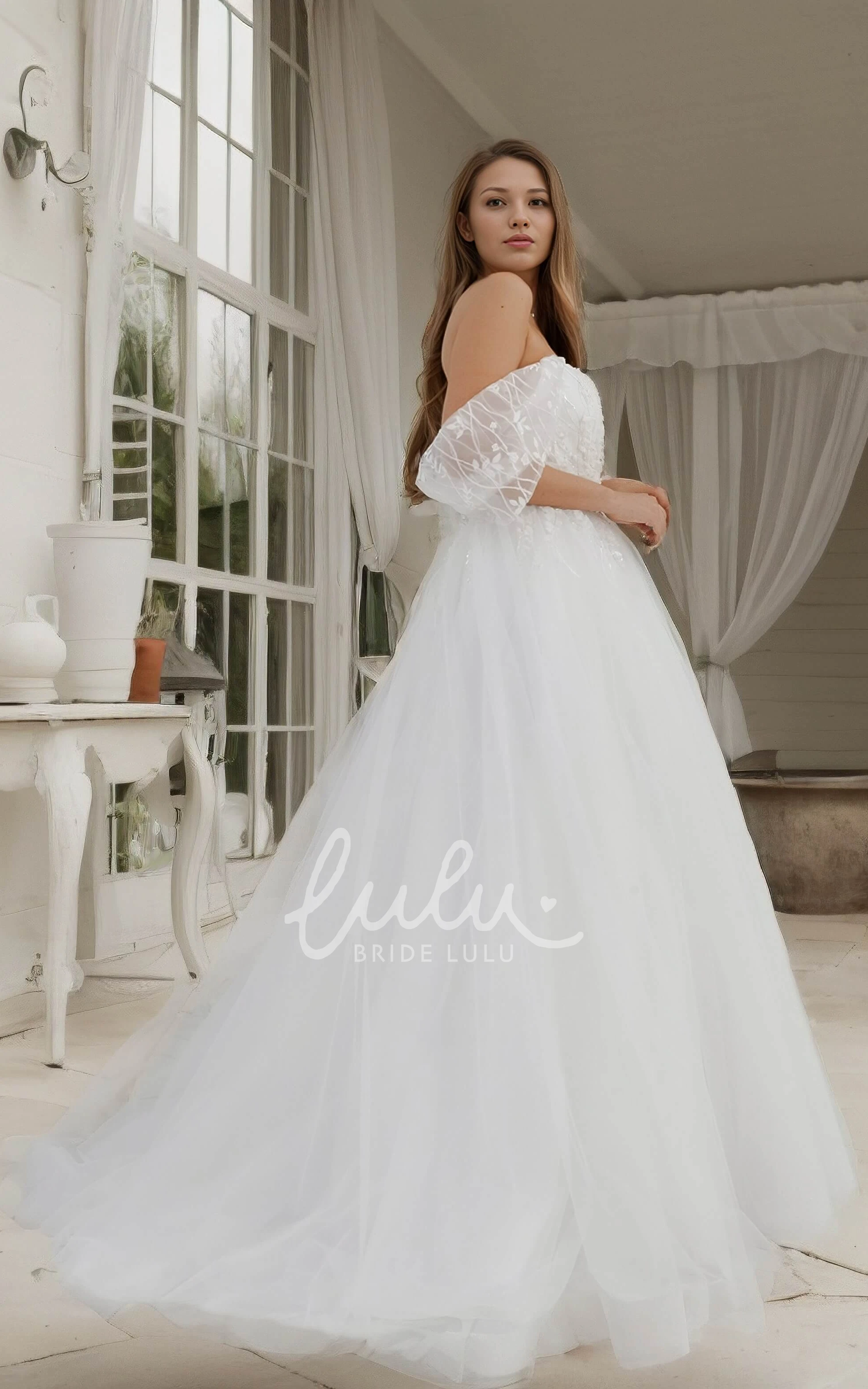 Modern Sexy A-Line Boho Off-the-Shoulder Lace Wedding Dress Elegant Fall Autumn Beach Plunging V-Neck Detachable Sleeve Floor Length Tulle Ball Gown
