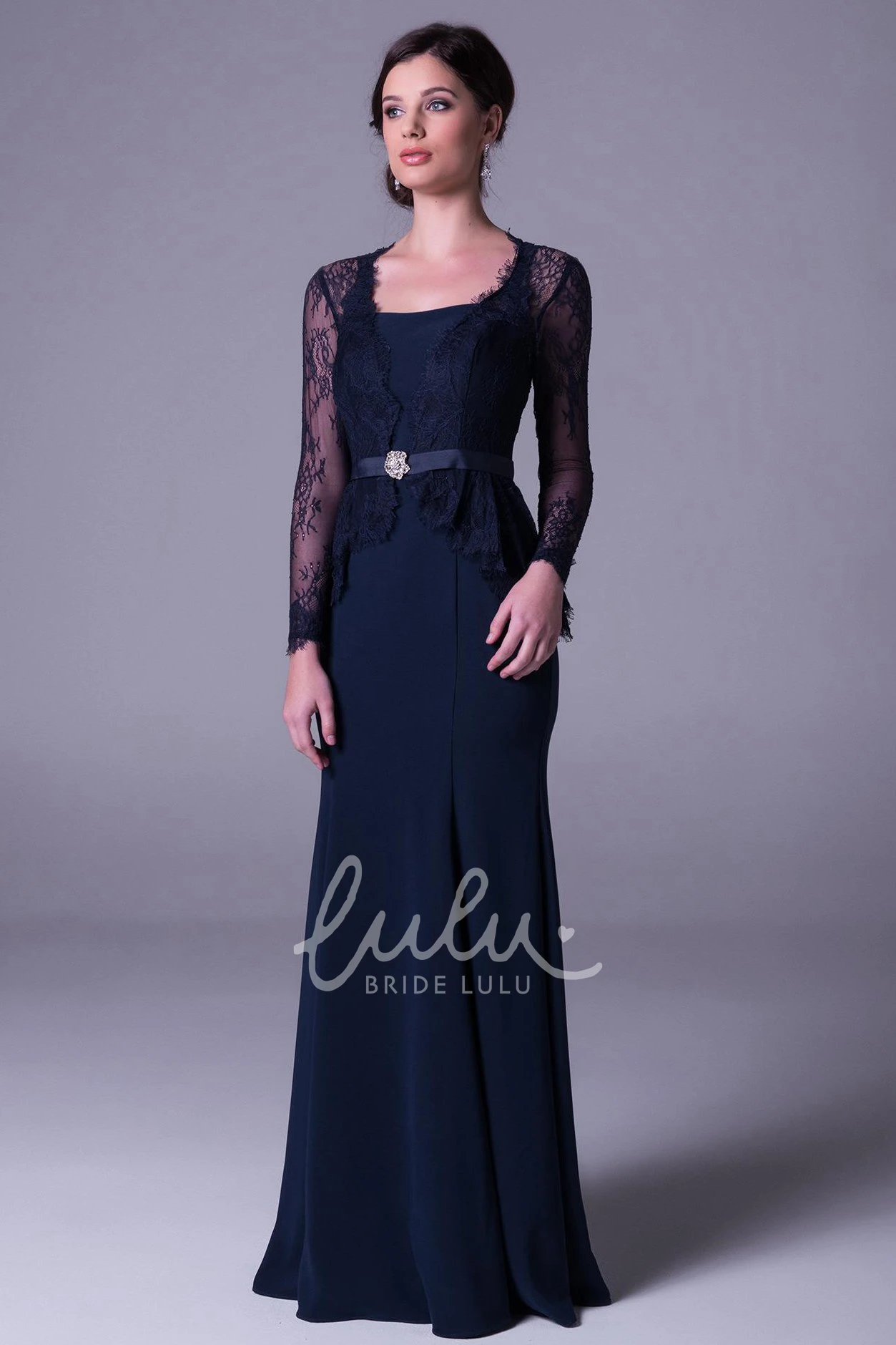 Long-Sleeve Lace Square-Neck Prom Dress with Broach Elegant Sheath Formal Dress