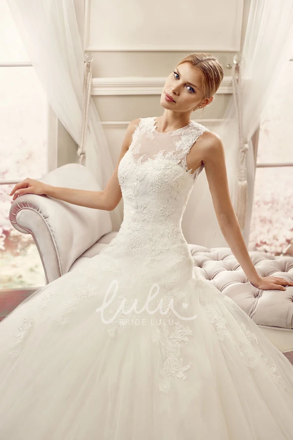 Sleeveless Jewel Lace&Tulle Ball-Gown Wedding Dress with Illusion Back and Appliques Classic Bridal Gown