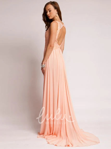 Bateau Maxi Chiffon Prom Dress with Appliques Sleeveless A-Line Keyhole Back and Pleats
