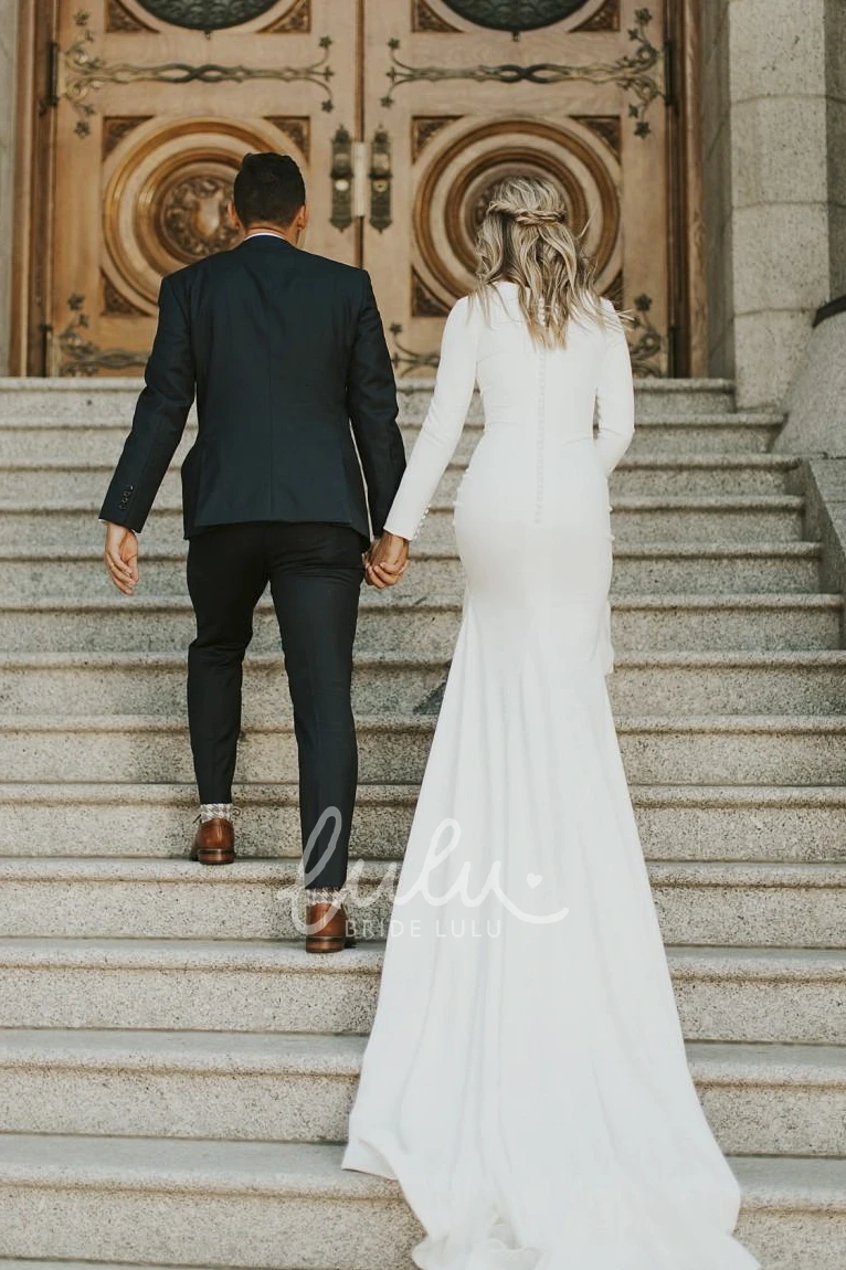 Modest White Mermaid Long Sleeved Simple Boat Neck Wedding Dress Elegant Women Country Bridal Gown