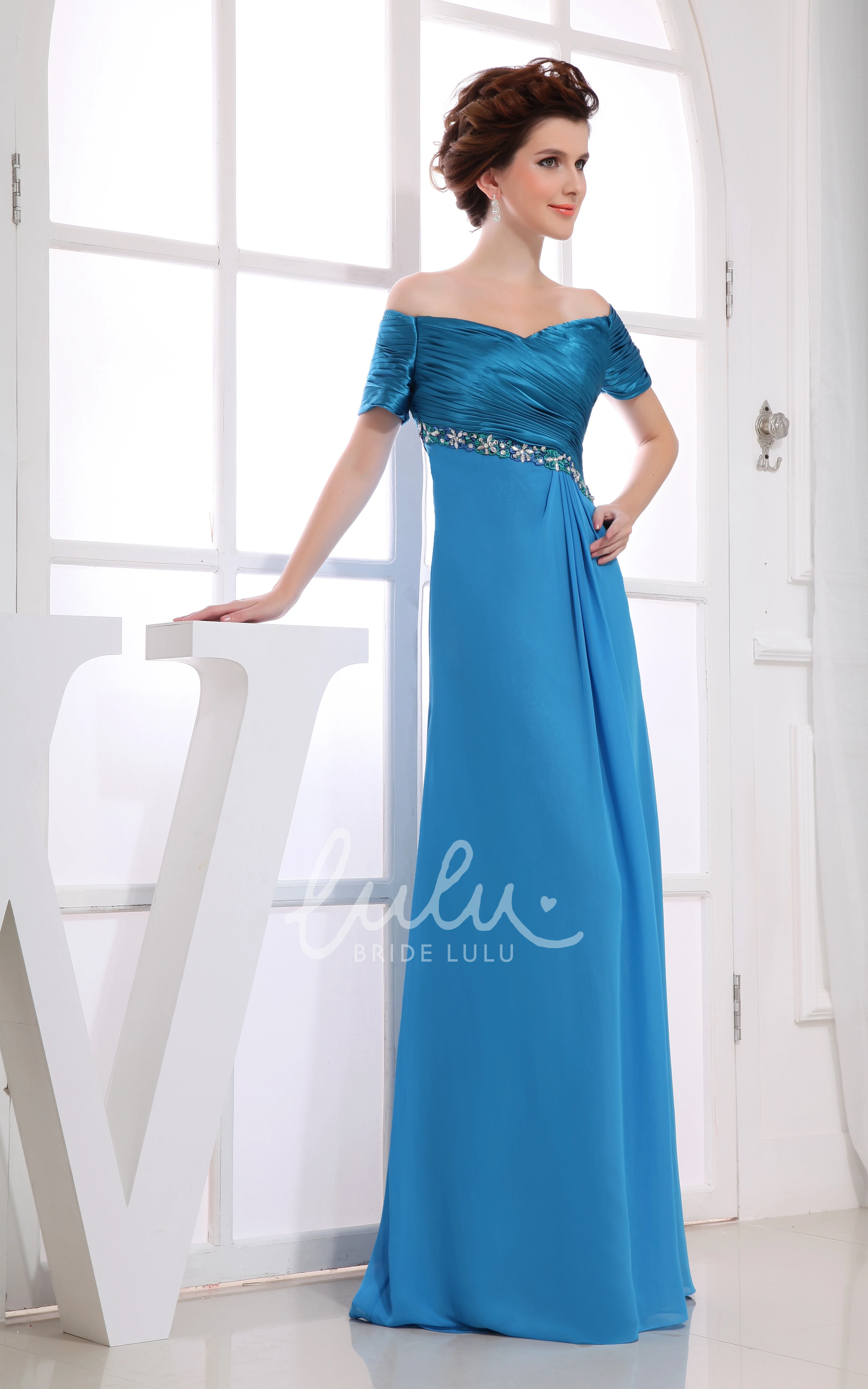 Beaded Off-The-Shoulder Maxi Formal Chiffon Dress