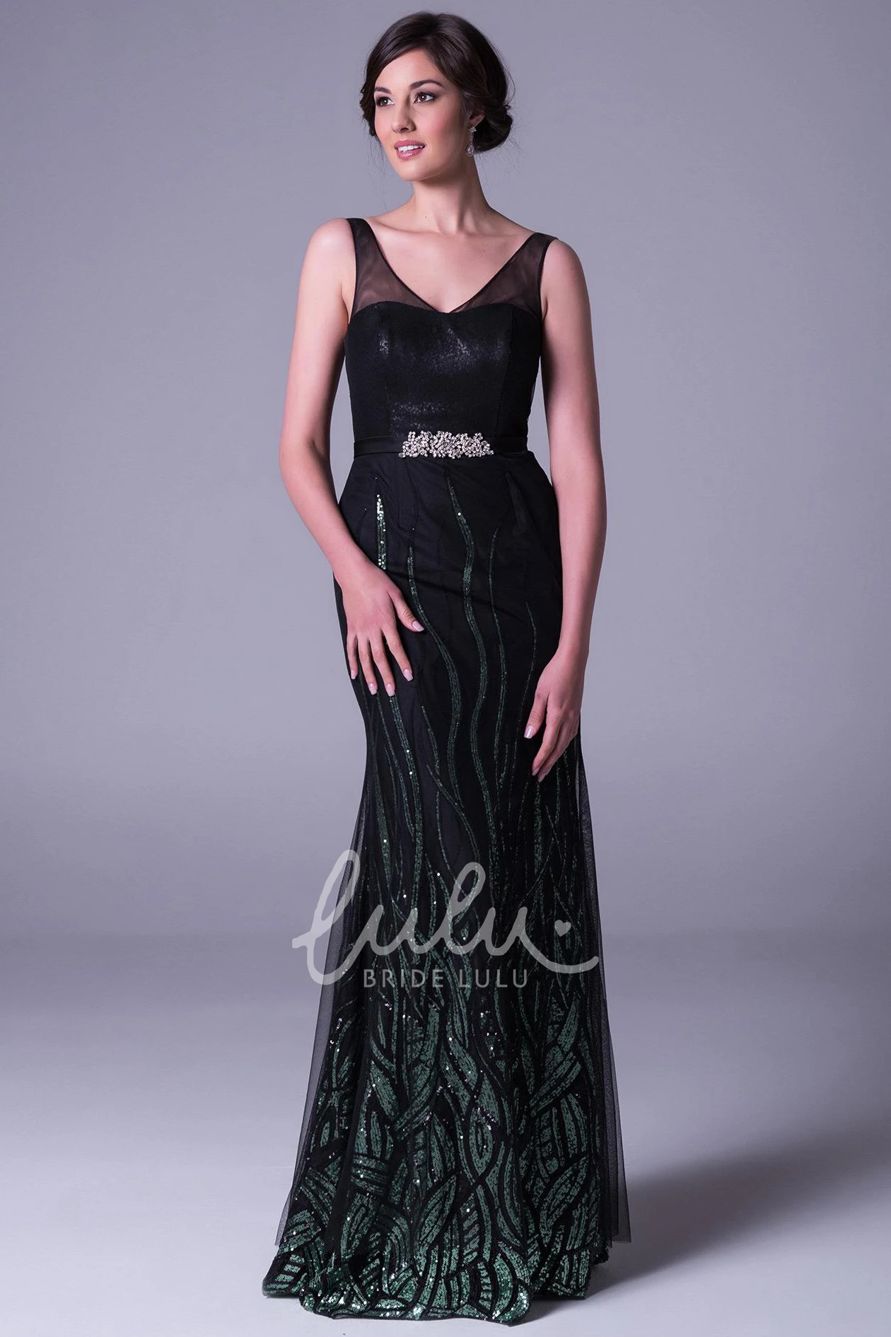Sequined Sheath Prom Dress with Long V-Neck and Beading