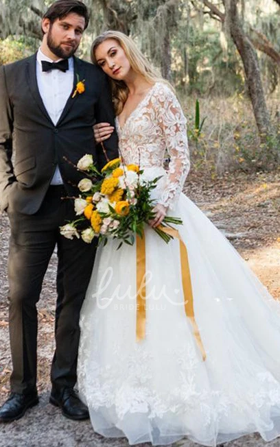 Applique Lace V-neck A-line Wedding Dress with Tulle and Long Sleeves
