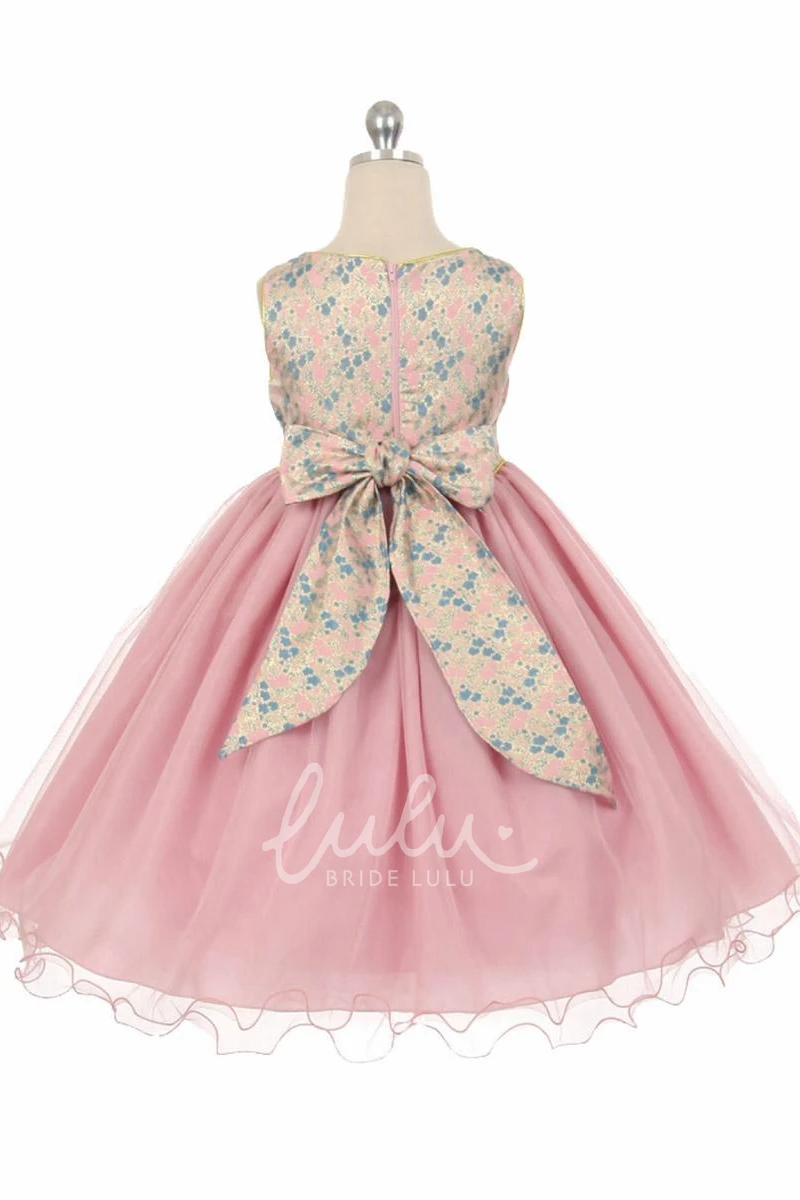 Flower Girl Dress with Beaded Tulle Floral Design Tea-Length Sash and Brooch Classy Look
