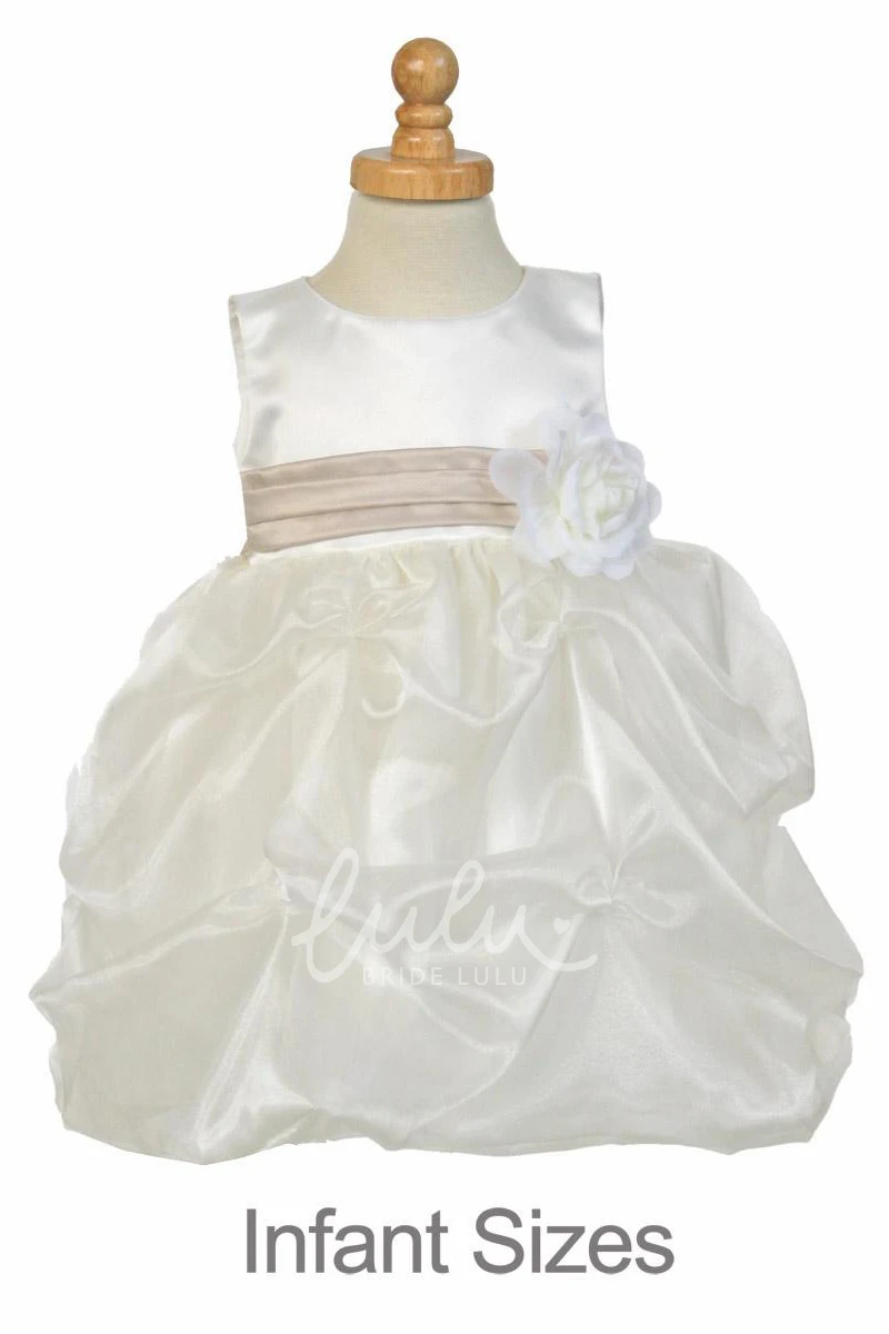 Organza & Satin Ruched Tea-Length Flower Girl Dress with Flowers