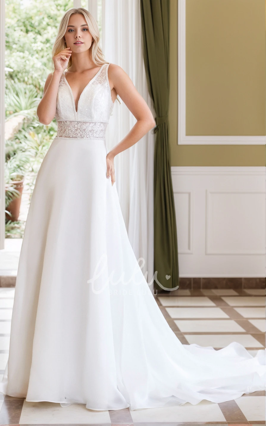 Sexy Ethereal A-Line V-neck Floor-length Chiffon Lace Wedding Dress Vintage Elegant Sleeveless Appliques Button Zipper Deep-V Back Bridal Gown with Train