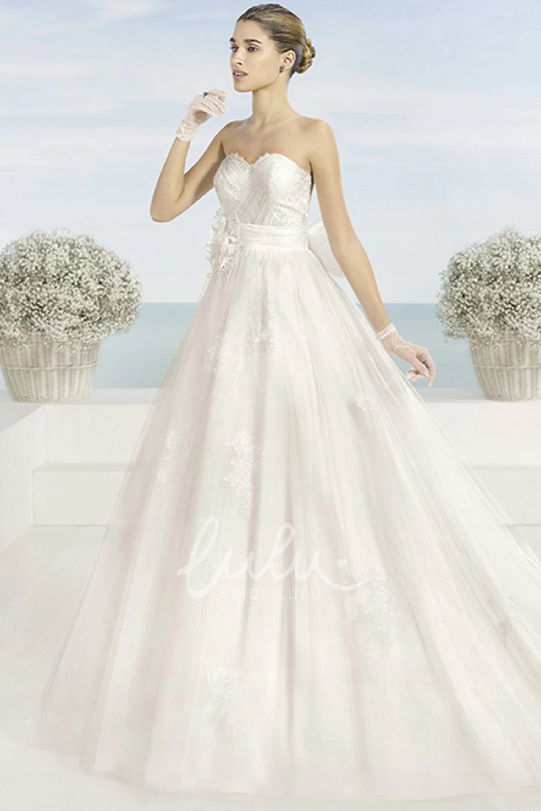 Sweetheart Tulle Wedding Dress with Bow and Appliques Ball Gown Wedding Dress