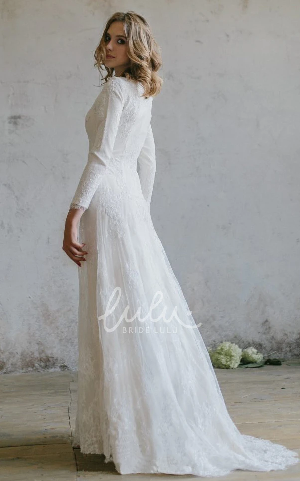 Lace Scoop-neck 3/4 Sleeve Wedding Dress with Applique for Modern Brides