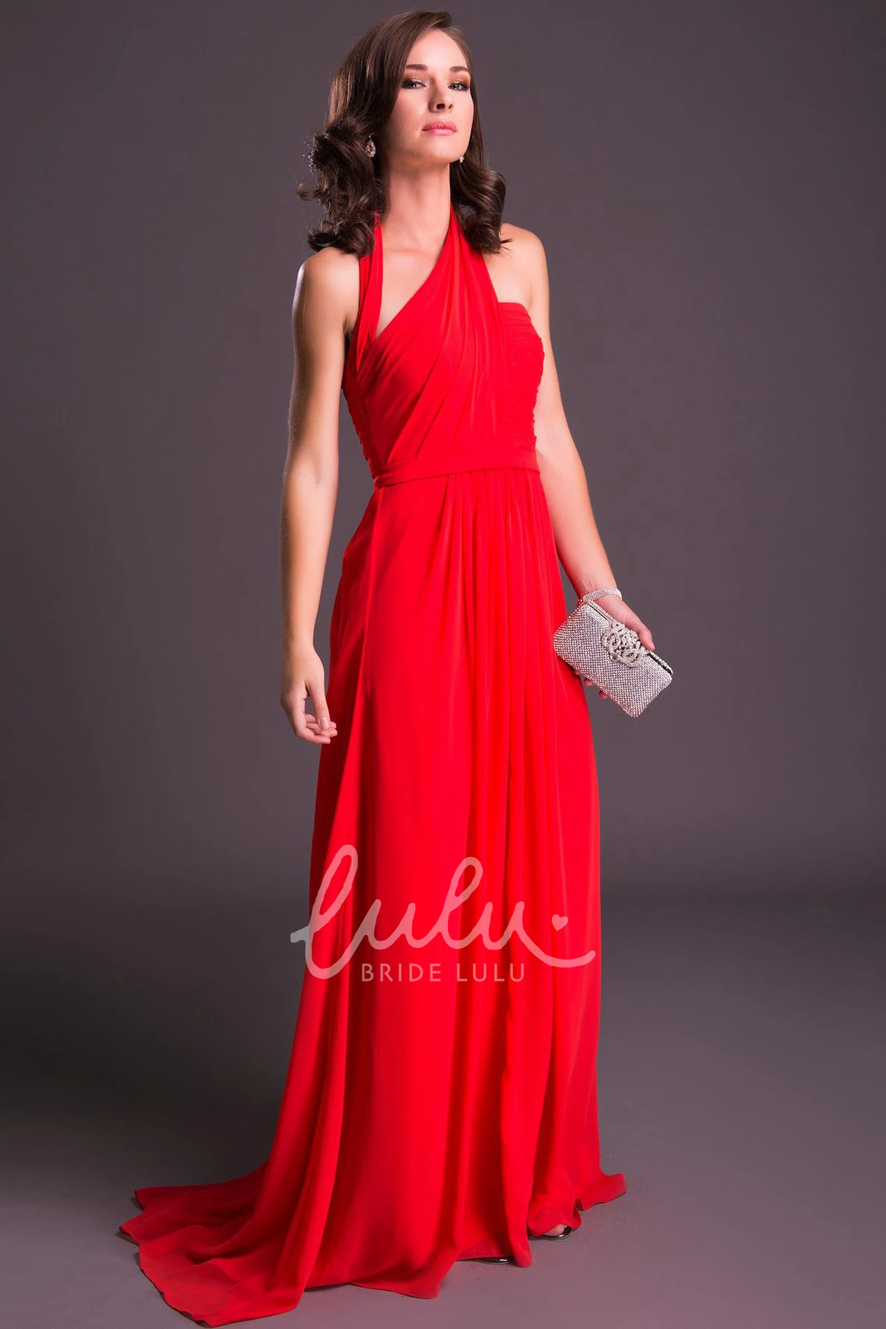 Halter Chiffon Floor-Length Sheath Prom Dress with Sleeveless Design Flowy Prom Dress