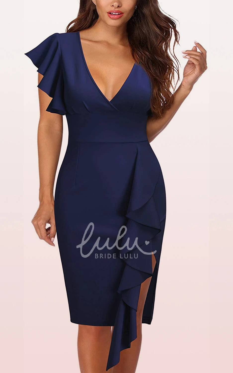 Short Sleeve Taffeta Ruffle Pencil Formal Dress with Modern Zipper