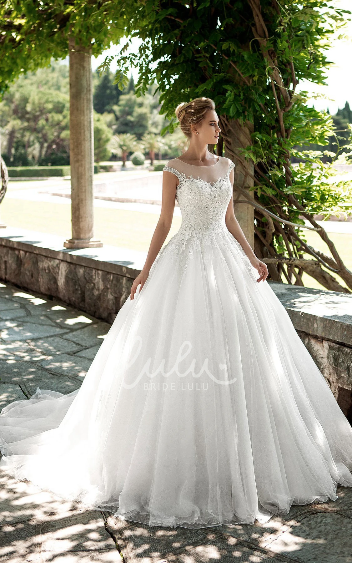 Cap-Sleeve Tulle A-Line Winter Wedding Dress with Beading and Appliques