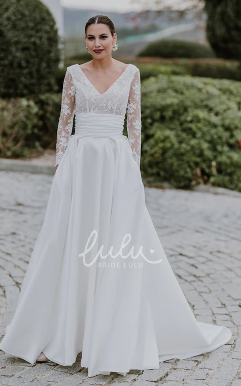 Simple Chiffon Beach Wedding Dress with Illusion Back A-Line V-neck Chapel Train