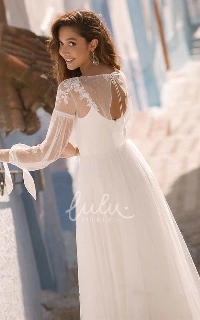 Bohemian Bateau A Line Lace Wedding Dress with Ruching Unique Sweep Train Boho