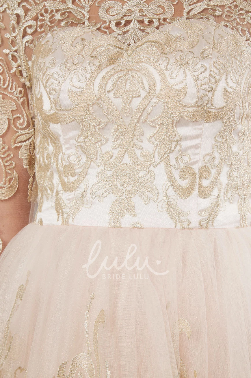 Illusion Bateau-Neck Lace Wedding Dress with 3/4 Sleeves A-Line Knee-Length