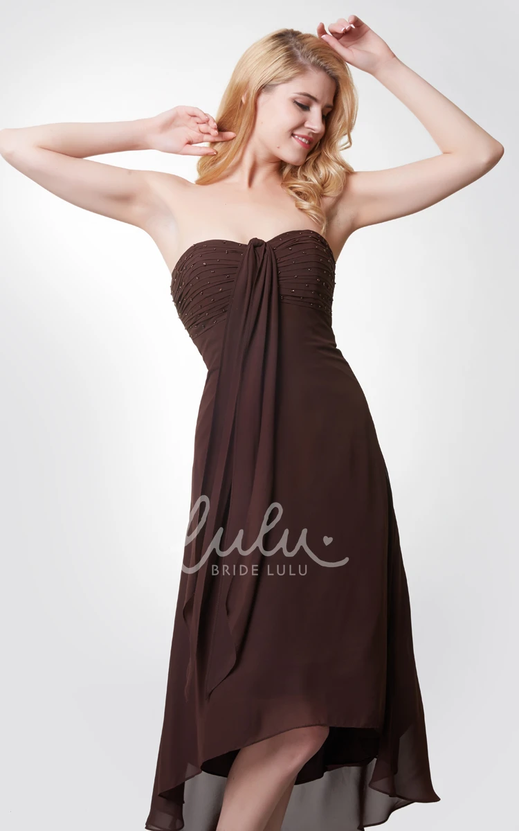 Empire Waist Sleeveless Tea-length Chiffon Dress with Ruching and Shimmering Details
