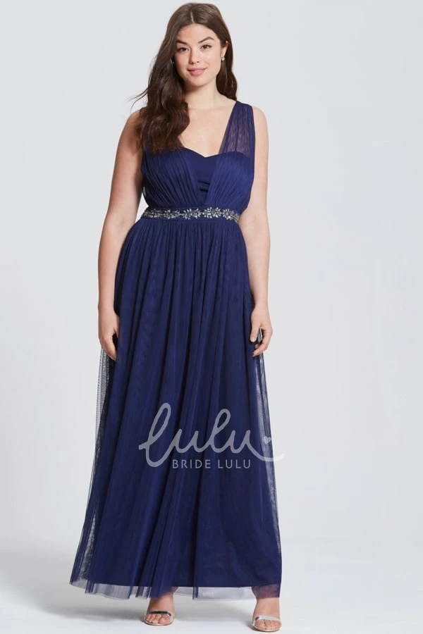 Ankle-Length Tulle Bridesmaid Dress with Sleeveless Design and Ruched Detail