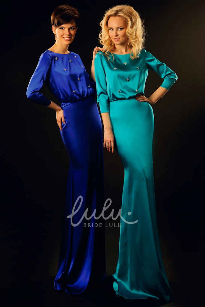 Floor-Length Satin Sheath Prom Dress with Jewel-Neck and Beaded 3-4 Sleeves