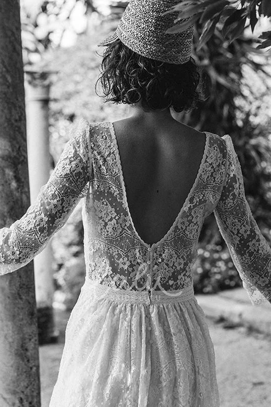 Tea-length Vintage Lace Wedding Dress with V-back and Scoop Neck