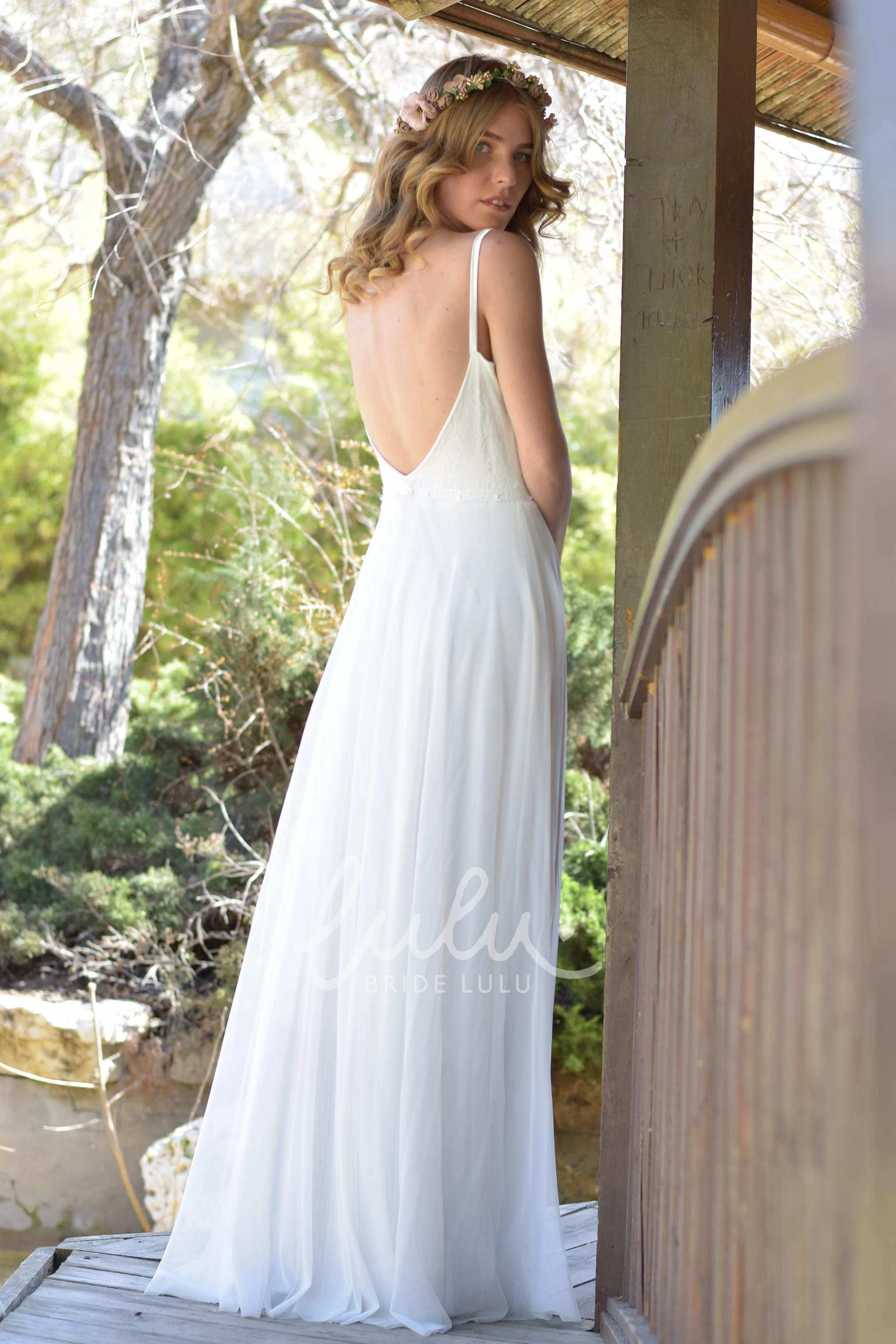 Backless Chiffon Wedding Dress with Spaghetti Straps Flowy Bridal Gown