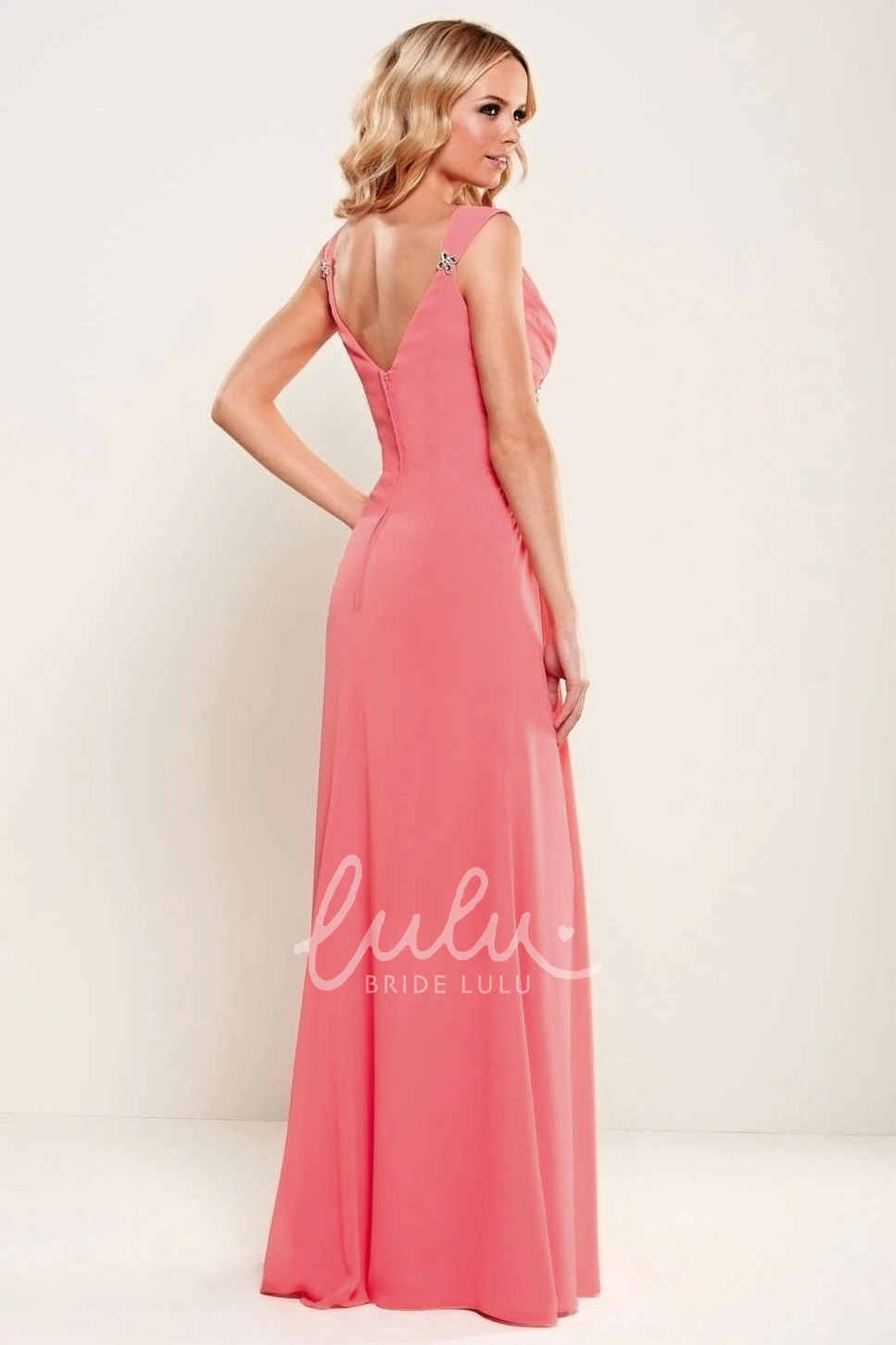 Floor-Length Sheath Chiffon Bridesmaid Dress with V-Neck and Broach Classy Bridesmaid Dress