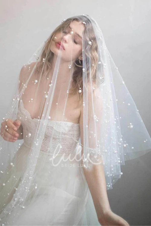 Pearl Fingertip Wedding Dress Veil Romantic Tulle with Elegant Touch