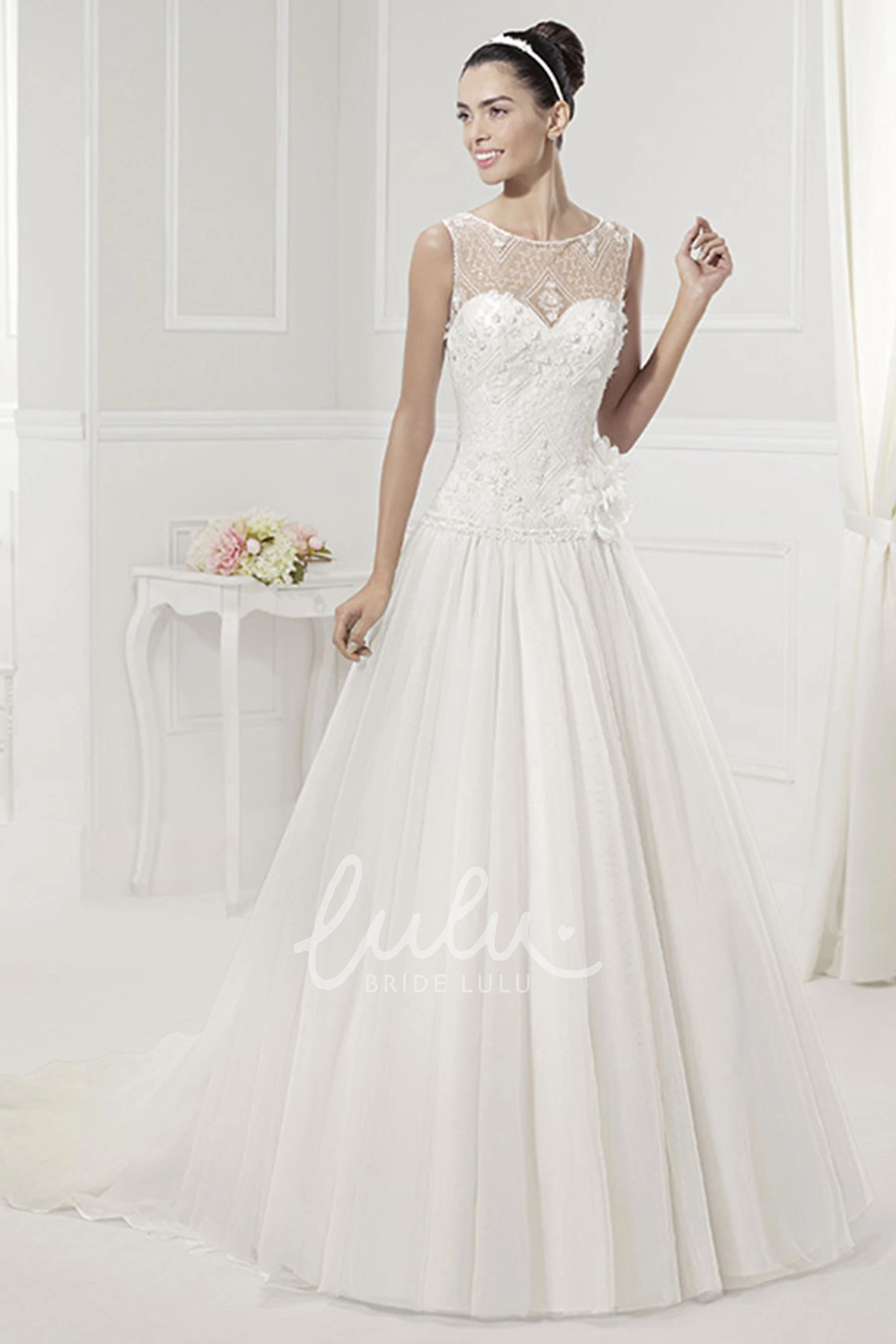 Flower Drop Waist Jewel Neckline Bridal Dress