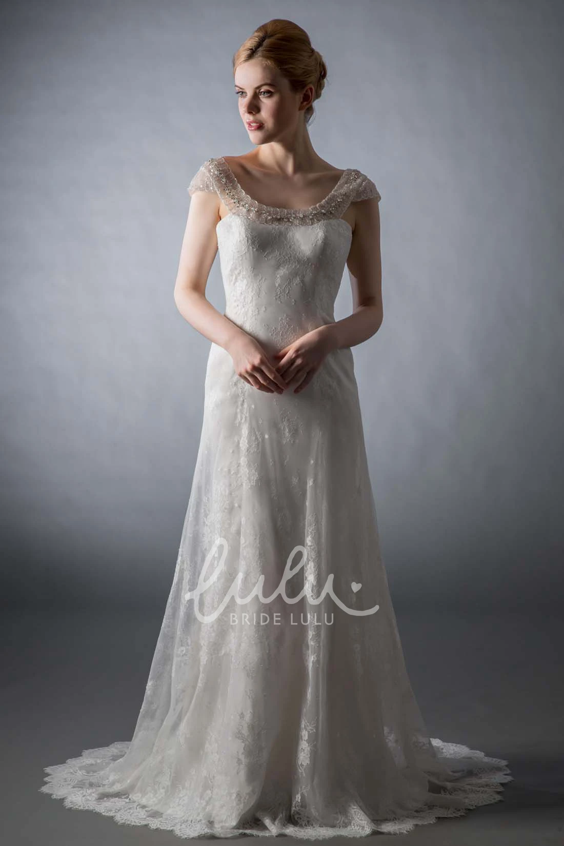 Lace Appliqued A-Line Wedding Dress with Cap-Sleeves and Deep-V Back