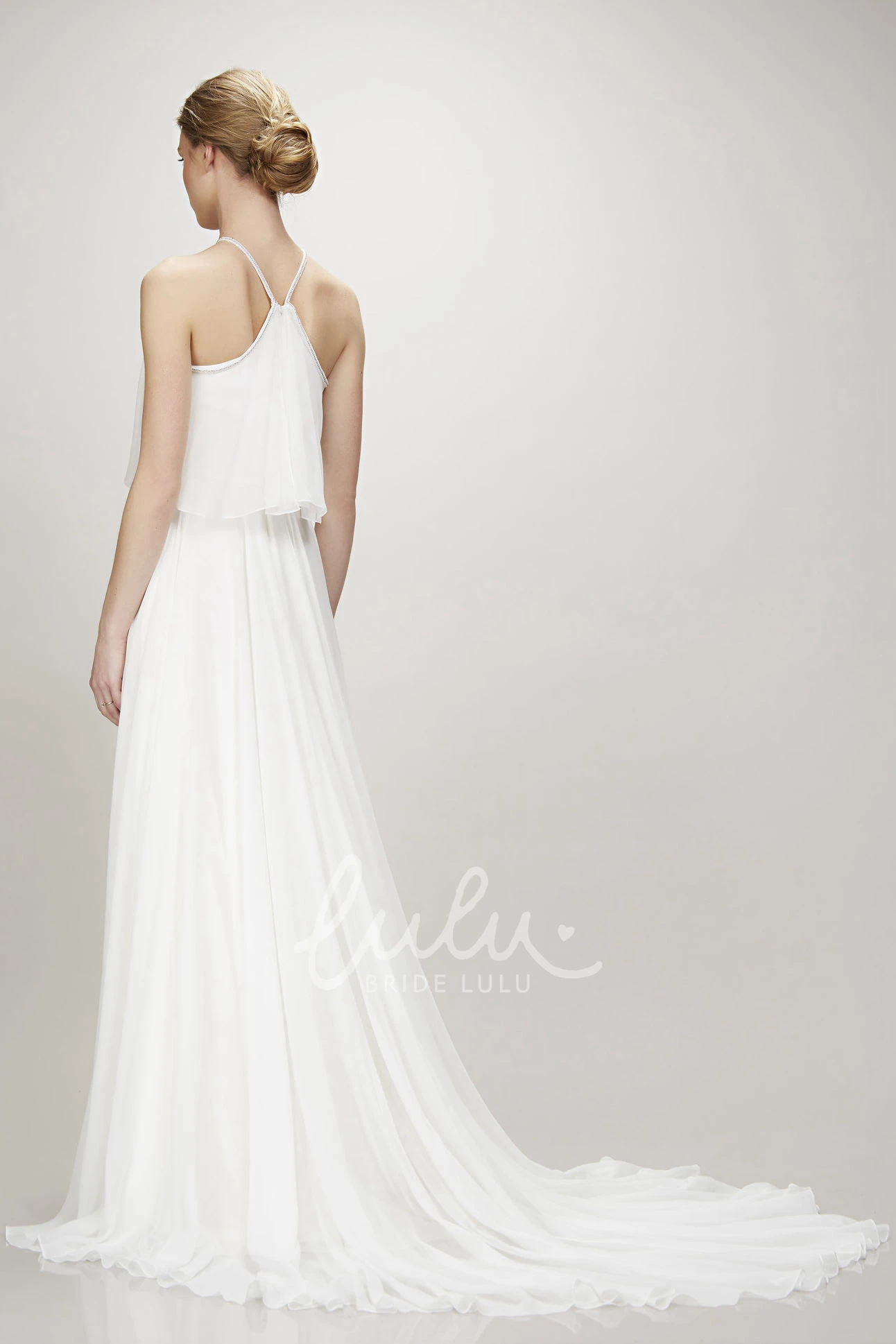Pleated Chiffon Halter Wedding Dress with Court Train Flowy & Modern