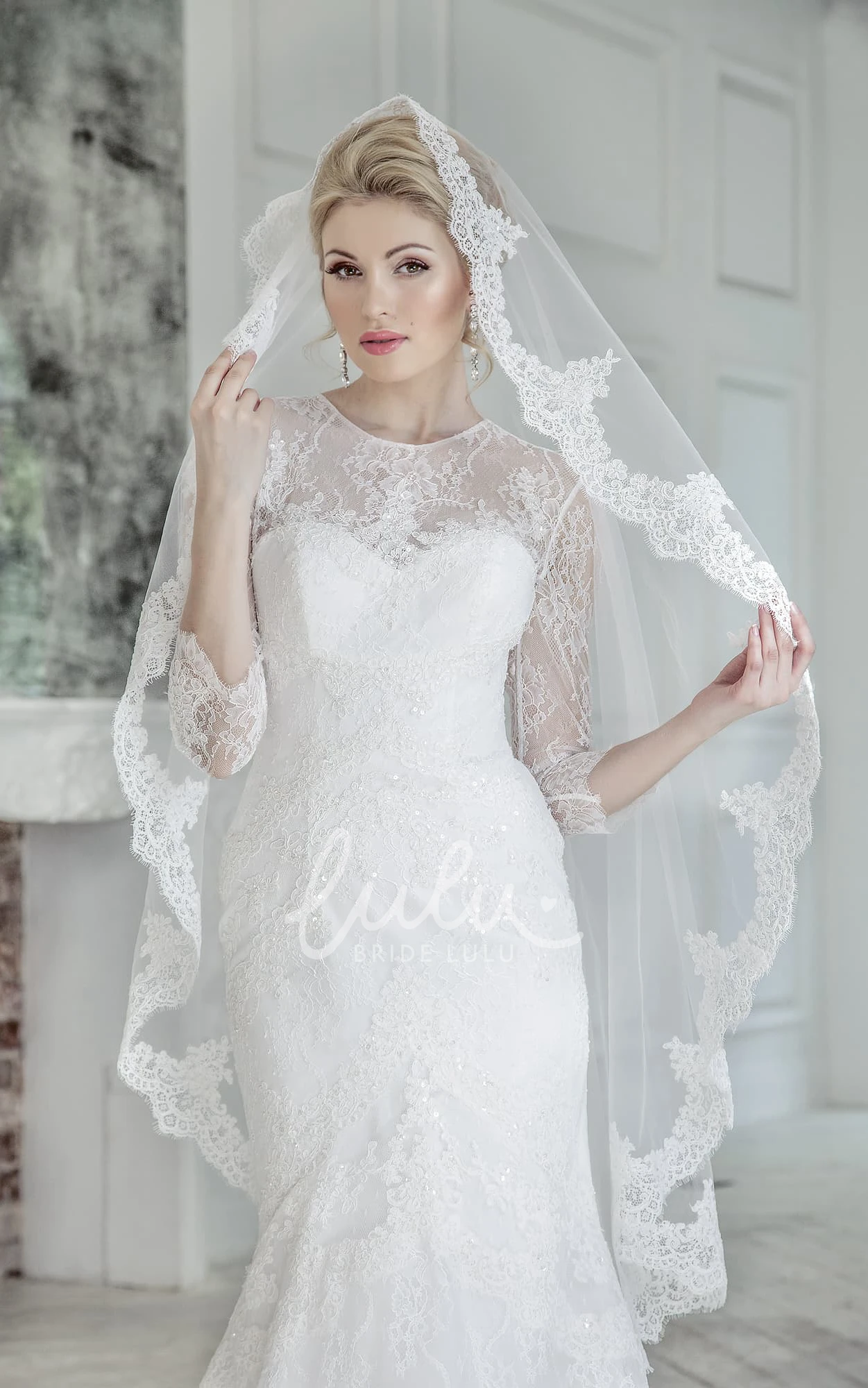 Jewel Lace Mermaid Wedding Dress with Keyhole and 3/4 Sleeves