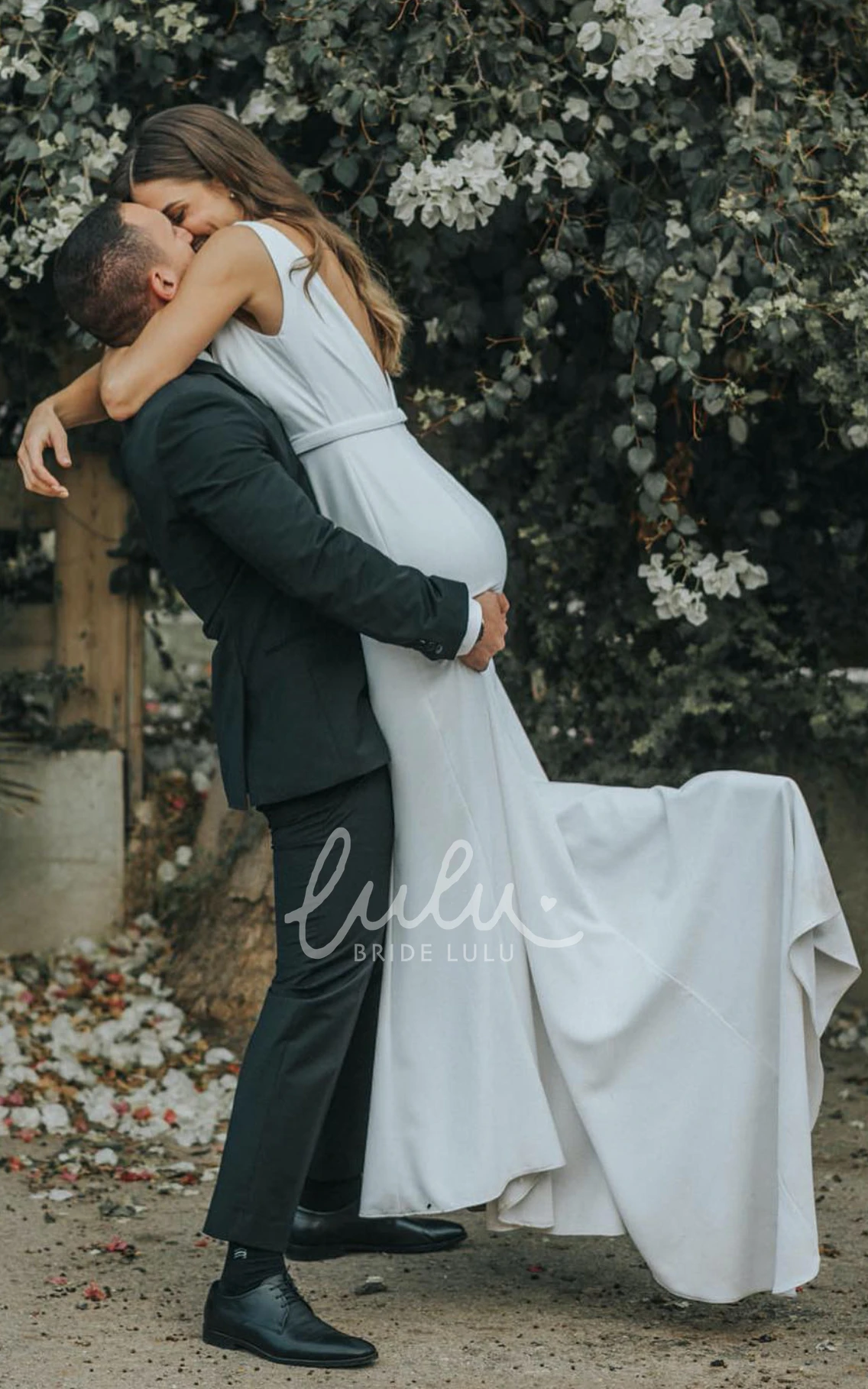 Romantic Plunging Neckline Satin Beach Wedding Dress with Deep-V Back Mermaid