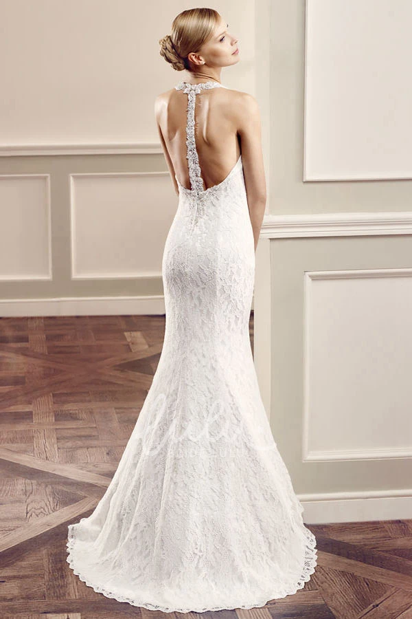 Halter Lace Wedding Dress with Brush Train Floor-Length
