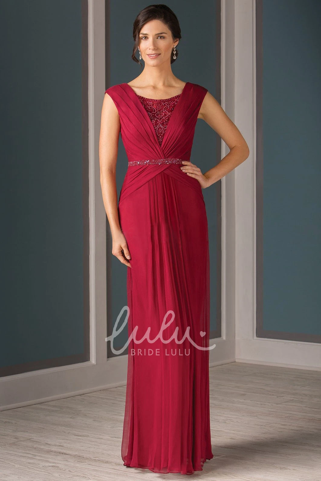 Crystal Illusion Back Long Pleated Mother Of The Bride Dress Classy Dress