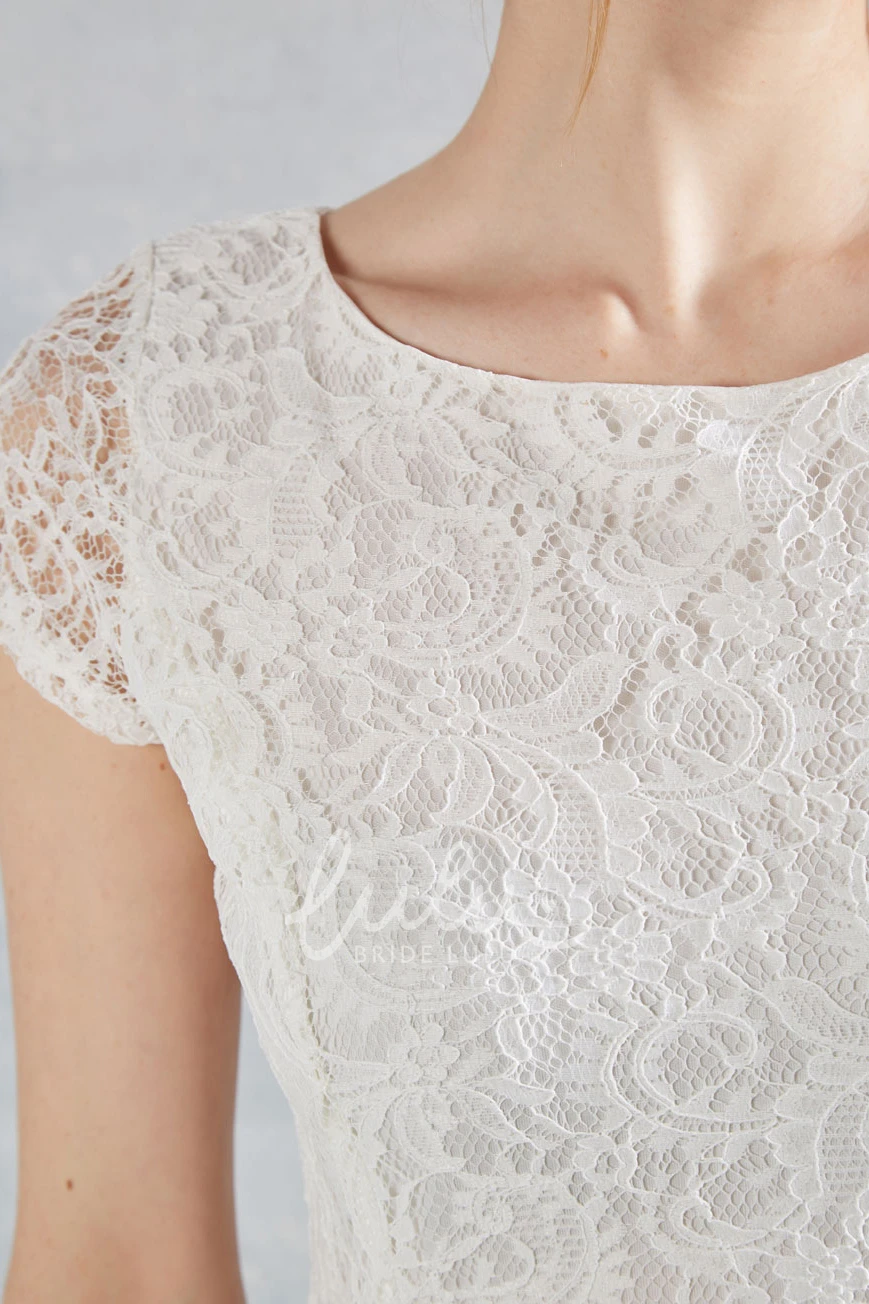 Lace Scoop-Neck Cap-Sleeve Trumpet Wedding Dress with Zipper Modern Bridal Gown