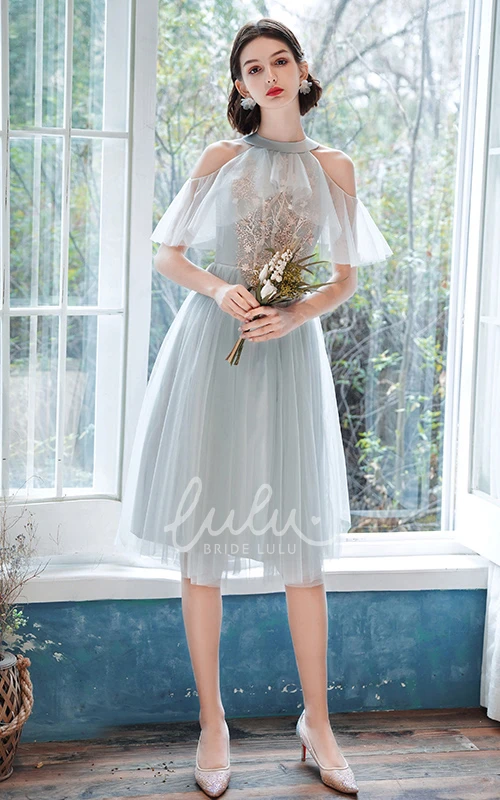 Tulle Bateau Halter A-Line Prom Dress with Appliques