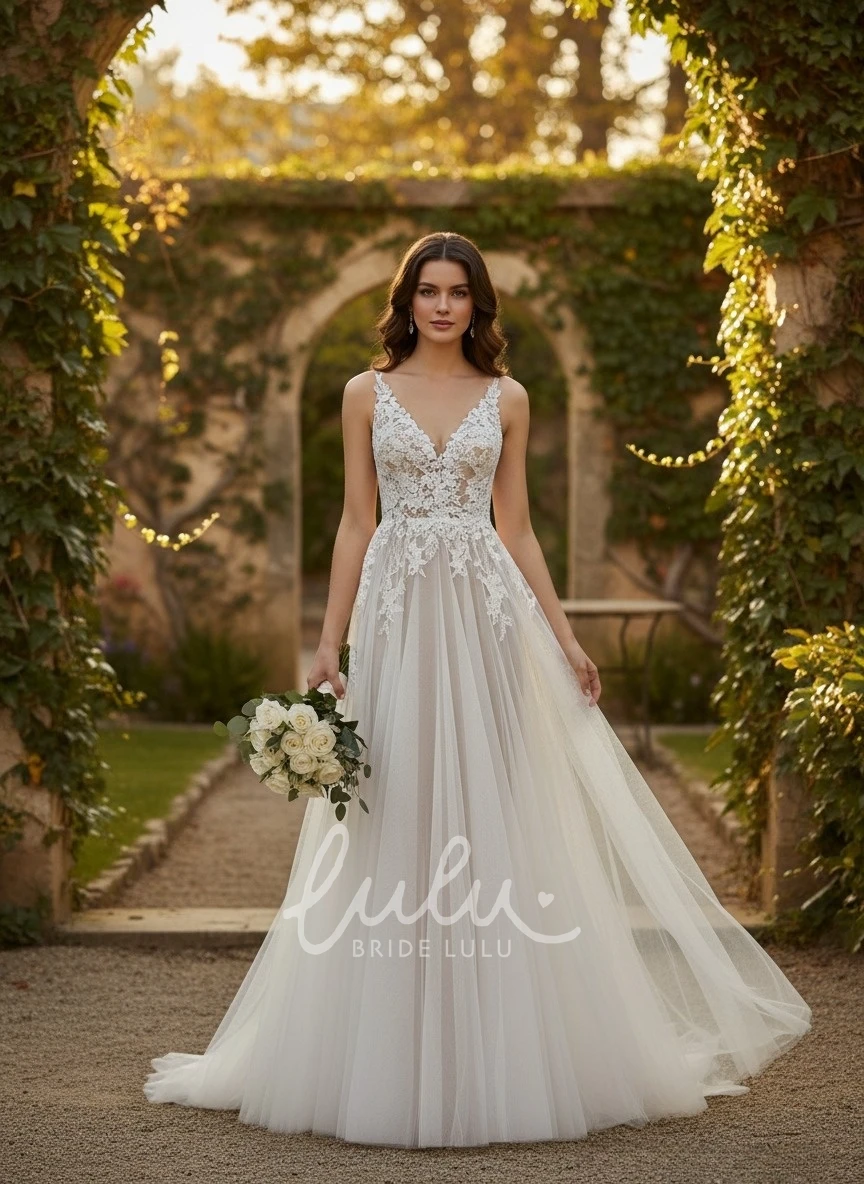 Boho Lace A-Line Wedding Dress Ethereal Tulle Bridal Gown for Garden and Destination Weddings