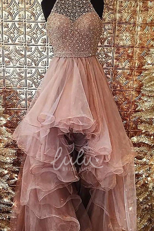 Halter Organza High-Low Dress with Asymmetrical Hemline