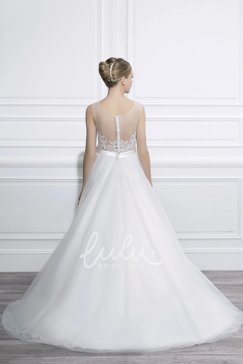 Sleeveless Appliqued Tulle Wedding Dress with Illusion Back and Waist Jewelry Ball Gown Style