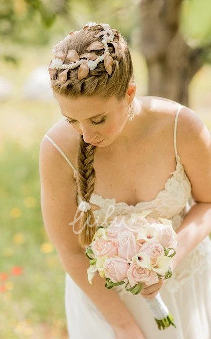 Chiffon Lace Wedding Dress with Beading Flower and Lace-Up Back Boho Bridal Gown