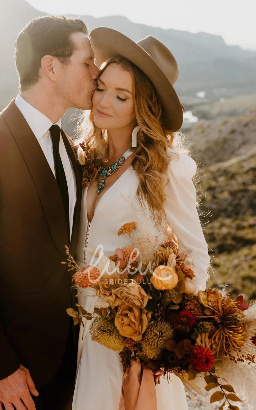 Bohemian A-Line Wedding Dress V-neck Chiffon With Long Sleeve And Button Back