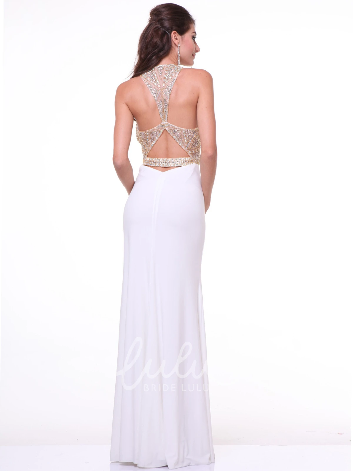 Jewel-Neck Sleeveless Jersey Dress with Beading Sheath Formal Dress