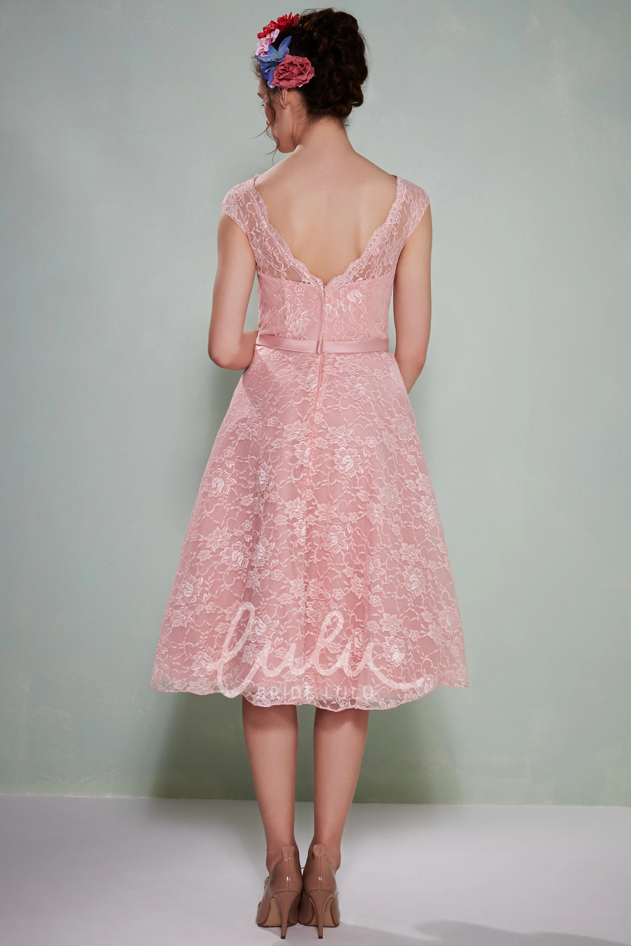 Tea-Length Lace Bridesmaid Dress with Low-V Back Unique Bridesmaid Dress