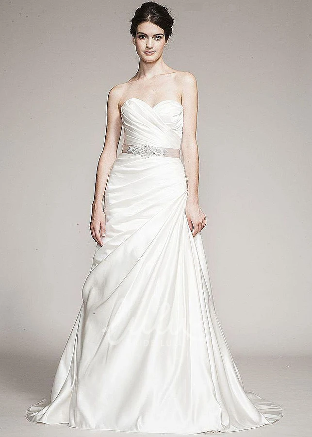 Satin A-Line Sweetheart Wedding Dress with Jeweled Criss Cross and Side Draping