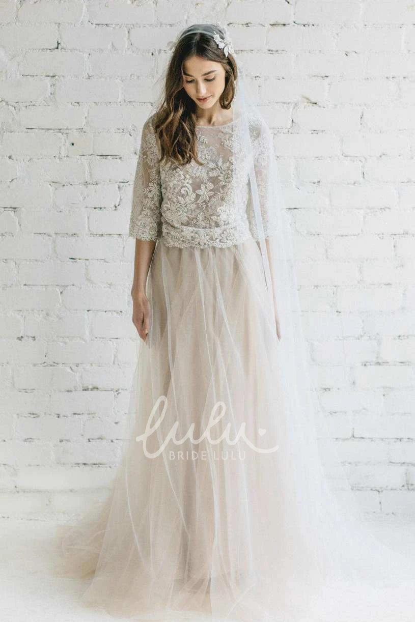 A-Line Tulle Dress with Low-V Back Bateau Half Sleeve Lace Romantic